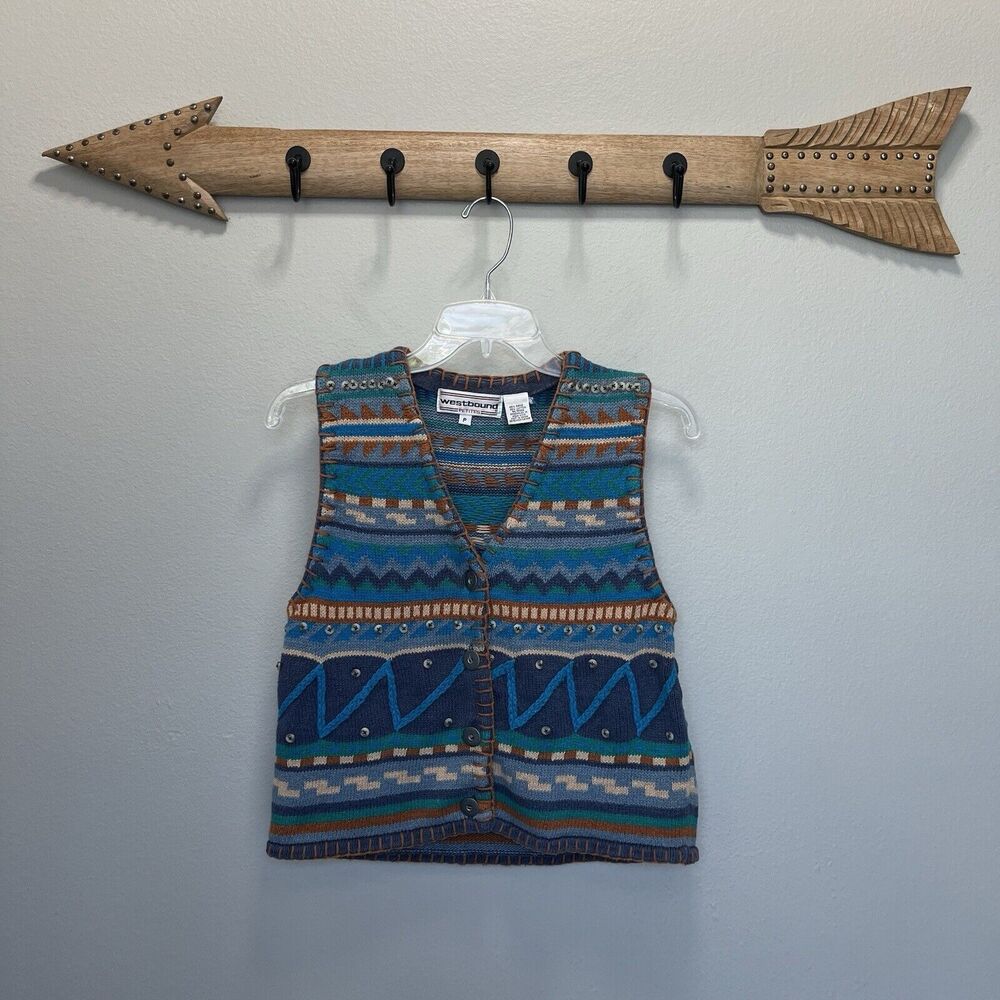 Westbound | Blue Multi Southwestern Embroidered Sweater Best size Petite